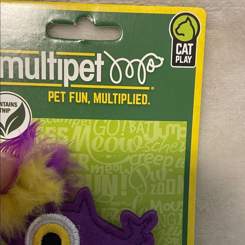 Multipet Purple Monster Cat Toy with Yellow Feathers
